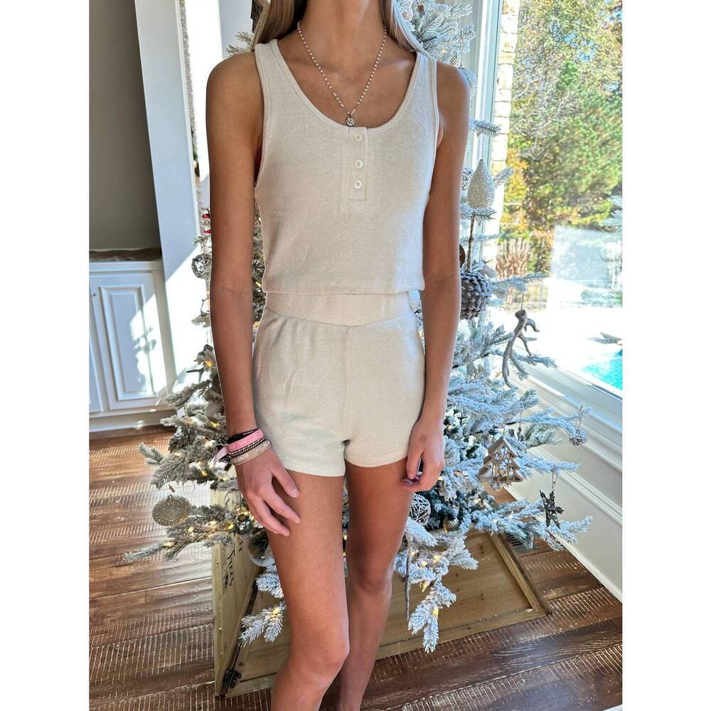 NEW KIMBERLY C soft touch tank & shorts lounge set in beige